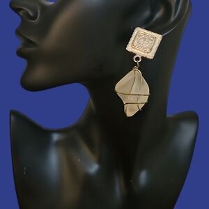 Vintage 1980s Ethnic Fish Wire Wrapped Frosted Glass Dangle Statement Earrings